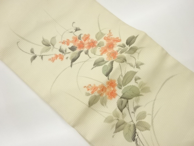 絽手描き花々模様刺繍名古屋帯